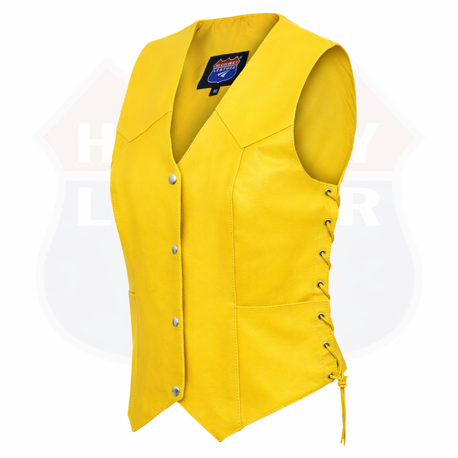 Yellow leather women's motorcycle vest by Buffalo Leather Gear, featuring a stylish design for women motorcycle club riders.
