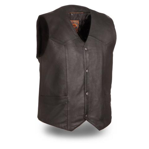 Dynamicleather Texan leather biker vest with front zipper, multiple pockets, and rugged design on black leather background.
