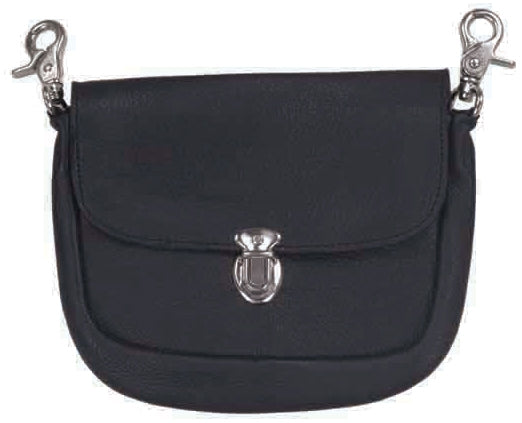 HighwayLeather women's hip clip motorcycle bag attached to thigh, featuring a compact fan and multiple storage compartments.