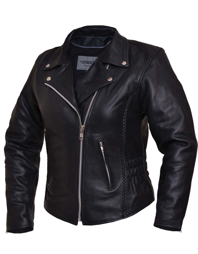 Women’s traditional braided leather motorcycle jacket by Dynamicleather, featuring detailed braiding and classic biker style.