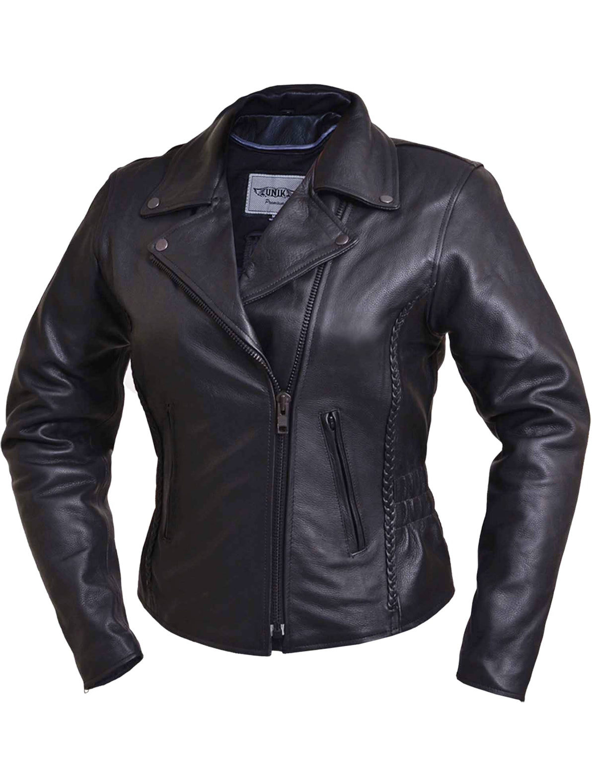 Ladies traditional braided motorcycle jacket by Dynamicleather, women’s stylish and durable leather jacket with braided detailing.