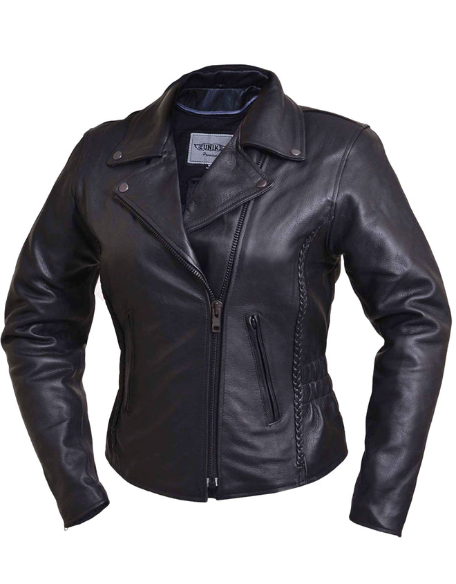 Ladies traditional braided motorcycle jacket by Dynamicleather, women’s stylish and durable leather jacket with braided detailing.