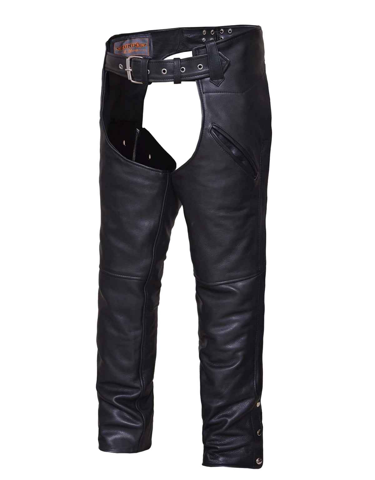 Unisex Naked Leather Deep Pocket Motorcycle Chaps by Dynamicleather, showcasing black leather with deep pockets and secure buckle closures.