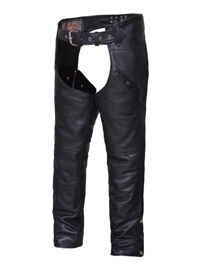 Unisex Naked Leather Deep Pocket Motorcycle Chaps by Dynamicleather, showcasing black leather with deep pockets and secure buckle closures.