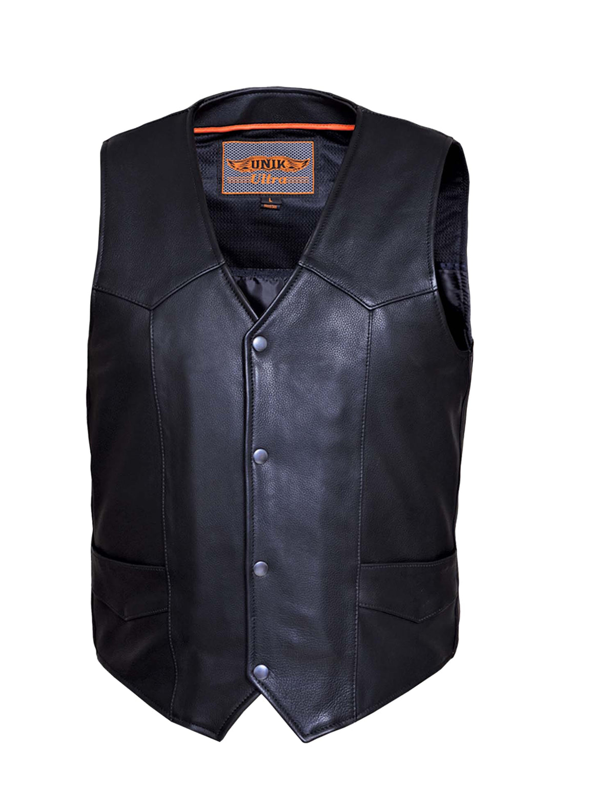 Men's motorcycle vest by Dynamicleather featuring a snap front design with plain sides and durable black leather.