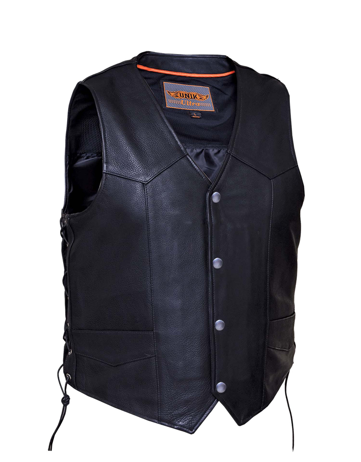 Men's Ultra Snap Front Motorcycle Vest with side laces by Dynamicleather, featuring a snap front closure and stylish design.