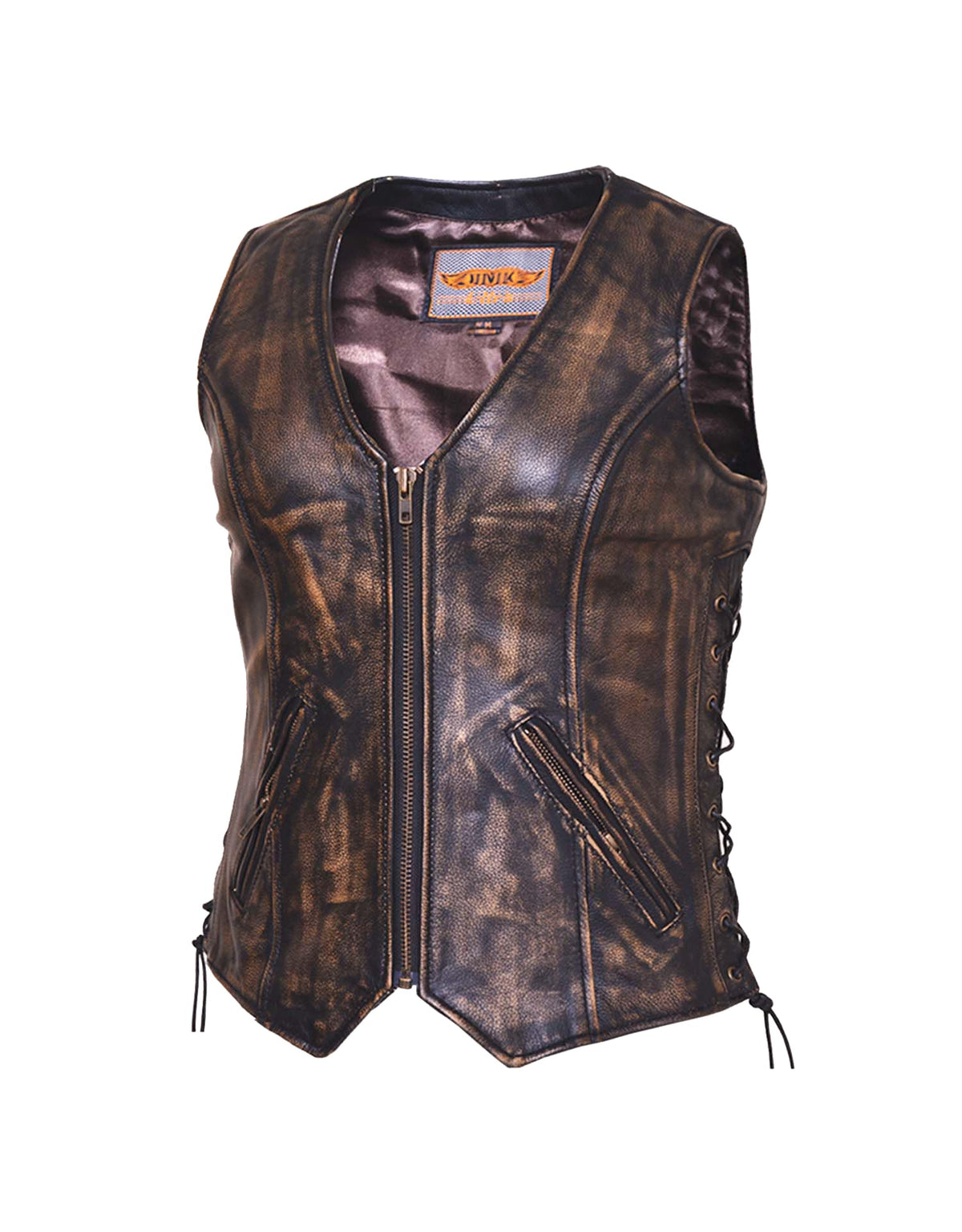 Ladies Nevada brown ultra leather motorcycle zippered vest by Dynamicleather, featuring a sleek design and front zipper closure.