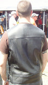 Leather biker vest with Buffalo Nickel design by Dynamicleather, featuring metal snap buttons and a rugged motorcycle vest style.