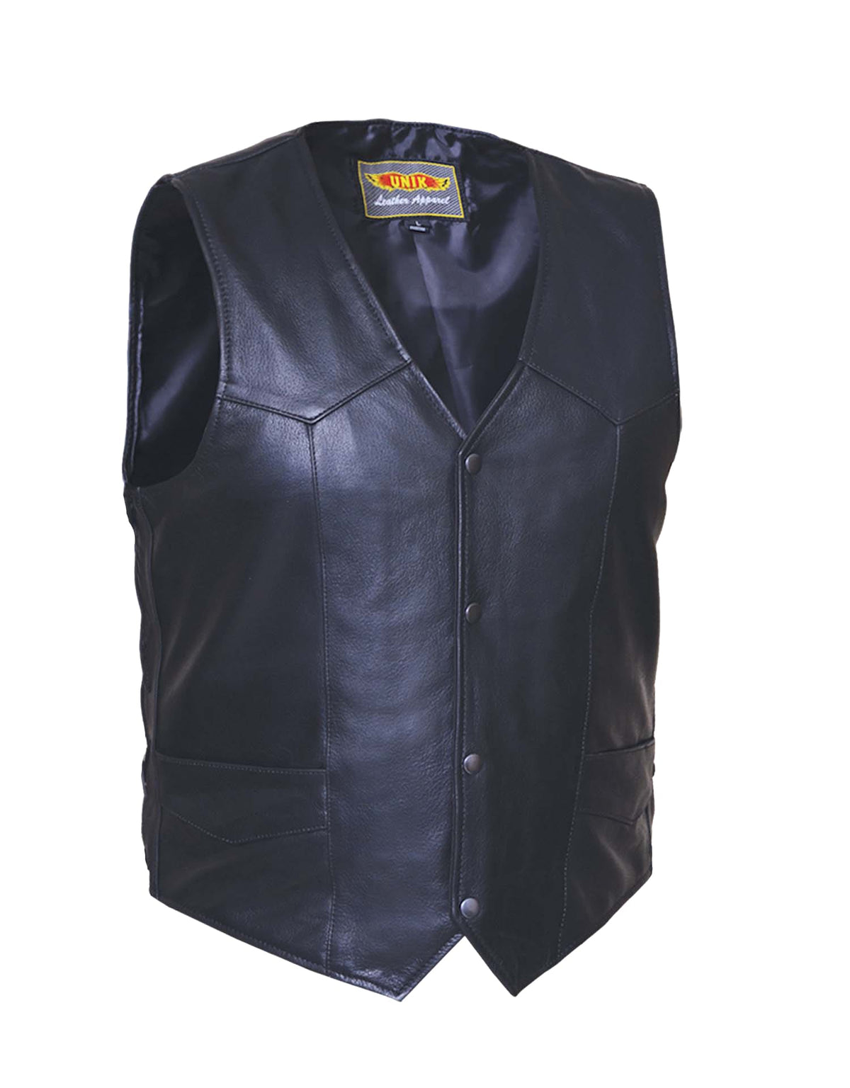 Tall men's premium leather side motorcycle vest by Dynamicleather, featuring a plain design and classic fit.