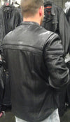 Black Buffalo Leather Gear men's Tuscan motorcycle leather jacket with rugged design and zippered pockets.