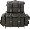 Milwaukee Leather Deluxe Sissybar Bag set with four black leather biker bags mounted on a motorcycle sissybar.
