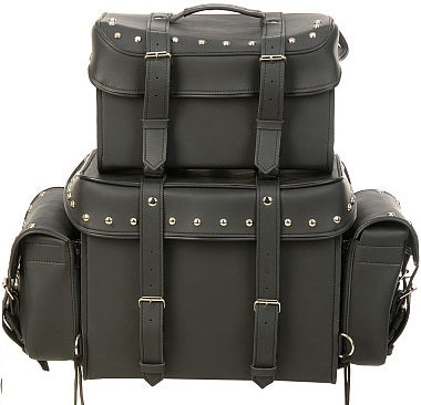 Milwaukee Leather Deluxe Sissybar Bag set with four black leather biker bags mounted on a motorcycle sissybar.