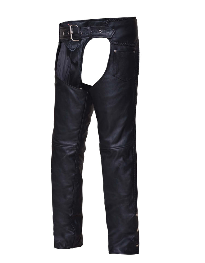 Unisex premium leather coin pocket chaps by Dynamicleather featuring durable leather design and functional coin pocket.