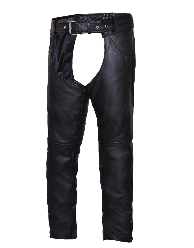 Unisex premium leather motorcycle chaps with jean pocket design by Dynamicleather, featuring sturdy leather construction and adjustable fit.
