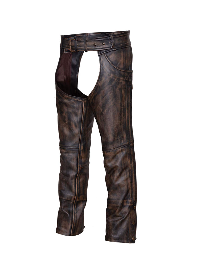 Unisex Nevada Brown Ultra Jean Motorcycle Chaps by Dynamicleather with front pockets and sturdy denim material.