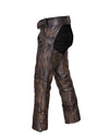 Dynamicleather unisex Nevada Brown Ultra Jean motorcycle chaps with zippered pockets and reinforced knee areas.