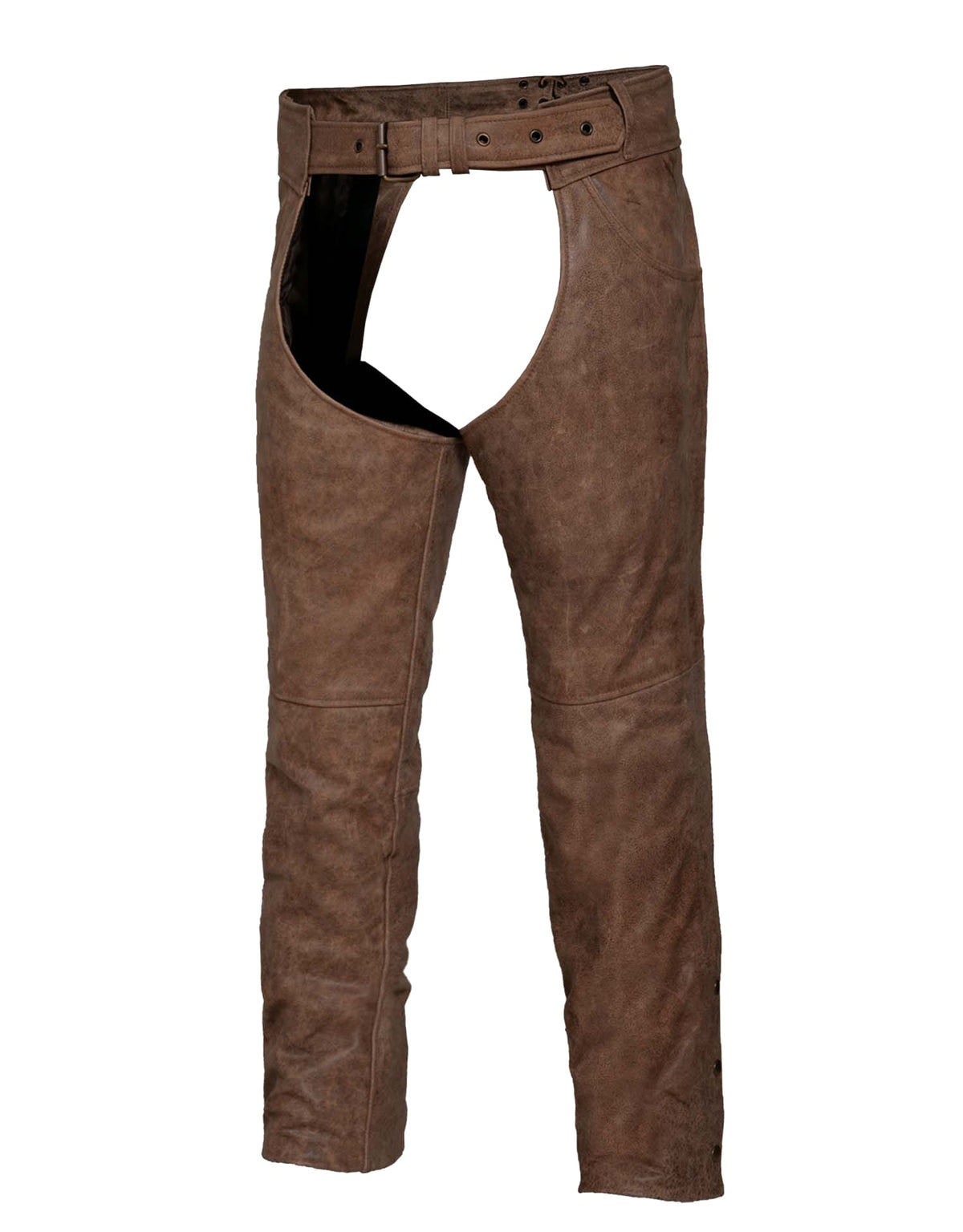 Unisex Arizona brown leather motorcycle chaps with jean pocket details from Dynamicleather, designed for riding comfort and style.