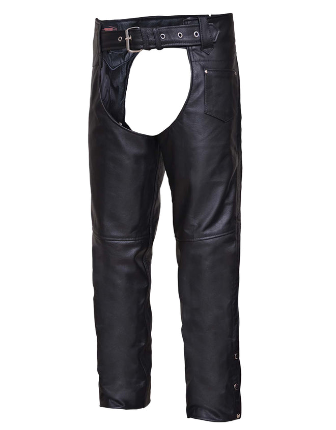 Unisex Highway Hawk Coin Pocket Chaps by Dynamicleather, featuring durable leather chaps with a convenient coin pocket and rugged style.