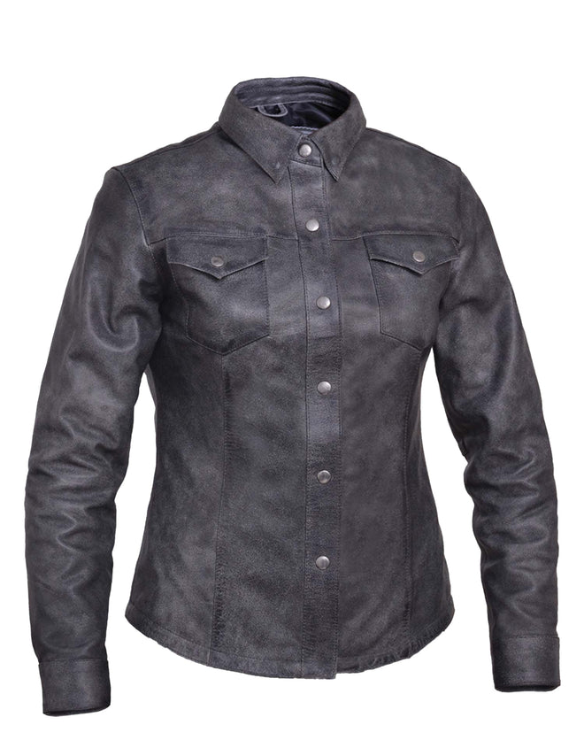 Ladies lightweight leather motorcycle jacket by Dynamicleather, stylish women’s motorcycle shirt with premium leather and fitted design.