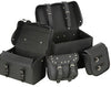 Milwaukee Leather Deluxe Sissybar Bag set with four black biker bags for motorcycle touring and storage.