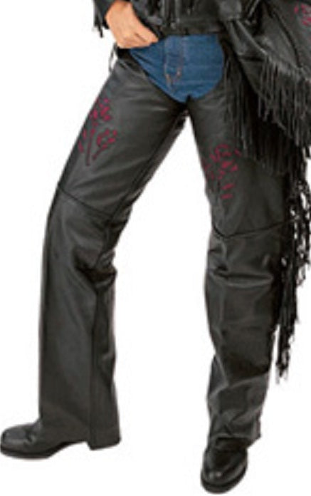 Dynamicleather purple rose chaps made of leather, featuring detailed stitching and floral design, designed for riding or fashion.