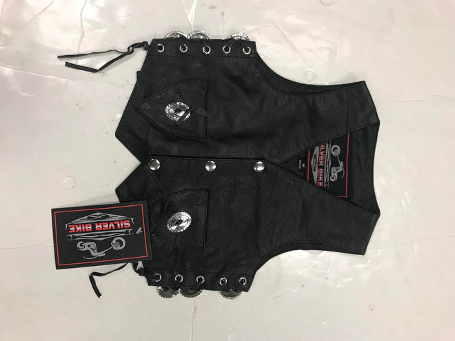 Dynamicleather boys' motorcycle leather vest with front zip and padded details, styled for kids' motorcycle riding gear.