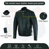 Buffalo Leather Gear men's tall black vented racer leather motorcycle jacket with longer sleeves and back length.