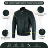 Buffalo Leather Gear black vented tall racer motorcycle jacket for men with longer sleeves and back length, made of durable leather.