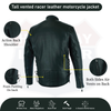 Buffalo Leather Gear men's black vented racer leather motorcycle jacket with long sleeves and extended back length.