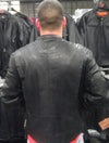 Back view of men's tall long sleeve leather jacket by Dynamicleather, showcasing sleek black leather with detailed stitching.
