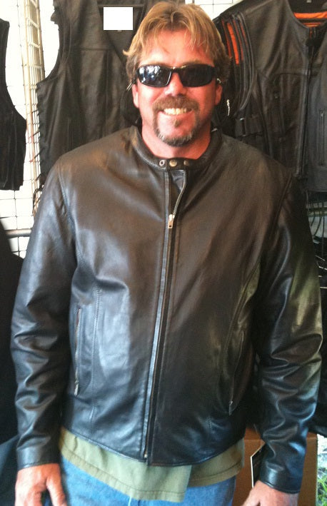 Men's lightweight leather jacket by HighwayLeather, front view showing sleek design and smooth leather material.