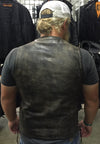 Buffalo Leather Gear men's charcoal brown Hamilton washed leather motorcycle vest, beige color, rear view with detailed stitching.