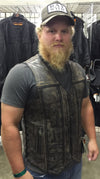 Buffalo Leather Gear men's beige leather motorcycle vest with charcoal brown accents, front view of the Hamilton washed vest.