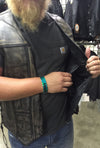 Buffalo Leather Gear men's charcoal brown Hamilton washed leather motorcycle vest with beige accents, front zipper, and collar.