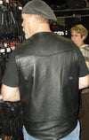 Back view of Dynamicleather Pistol Pete leather biker vest with detailed stitching and logo on the back.