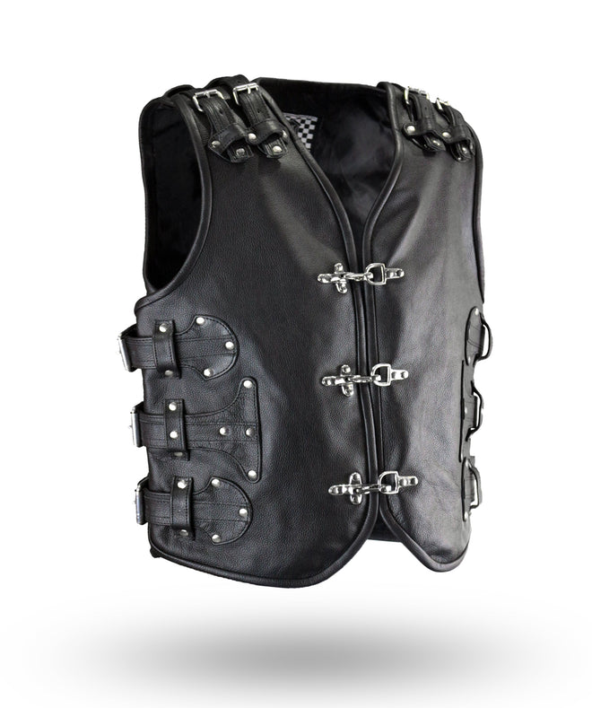 Men's black heavy metal biker leather waistcoat by NRA KHANS, featuring rugged design and metal accents for motorcycle riding.