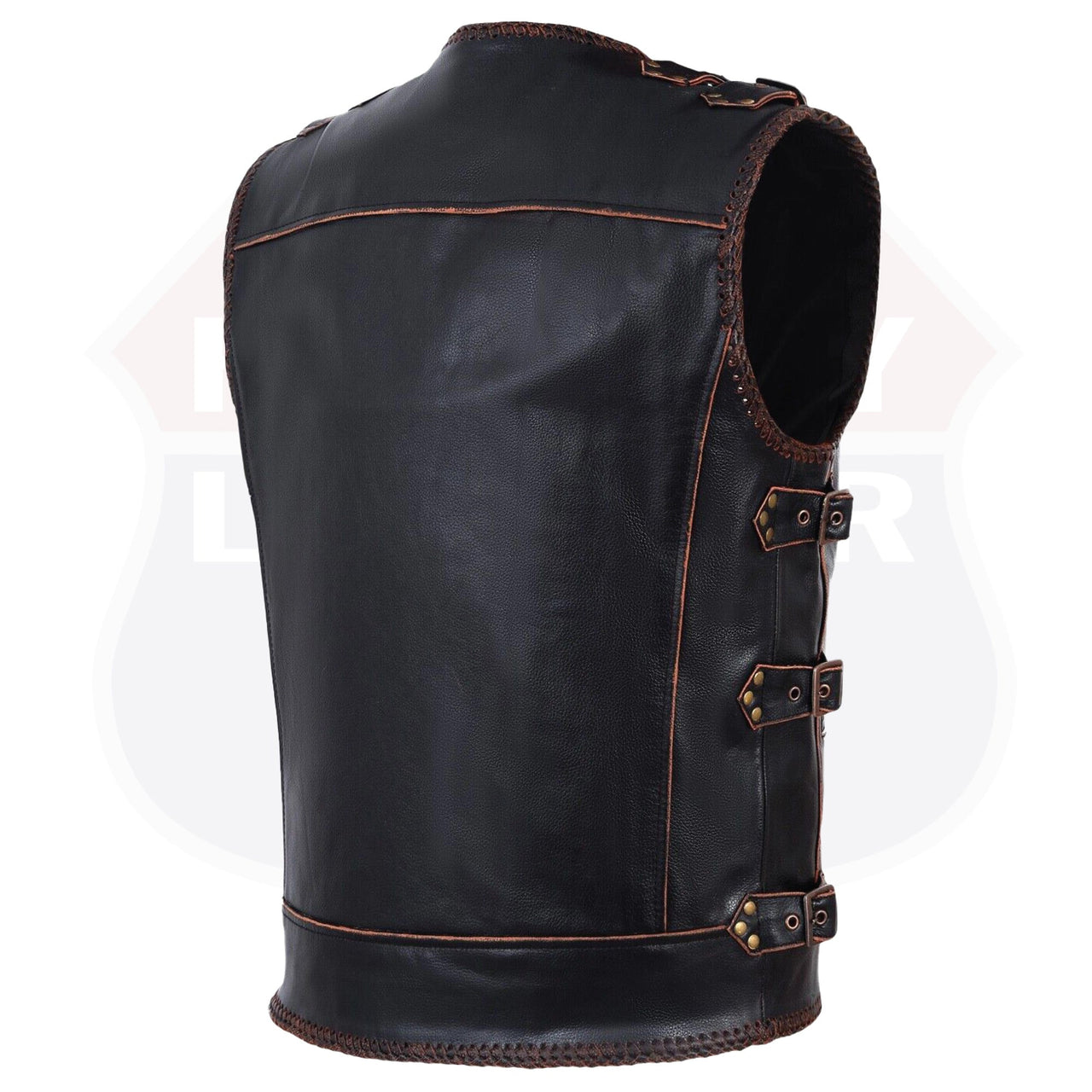 HL11699BROWN Men Genuine Cow Leather Heavy Metal Zipper Buckled Rocker ...