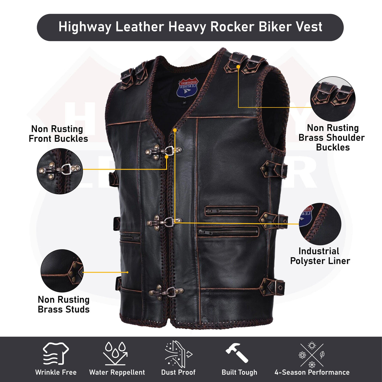 HL11699BROWN Men Genuine Cow Leather Heavy Metal Zipper Buckled Rocker ...