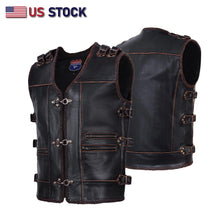 Mens Genuine Cow Leather Heavy Metal Zipper Buckled Rocker Braided Vest-11649BRN/11699 Rocker biker Waistcoat - HighwayLeather