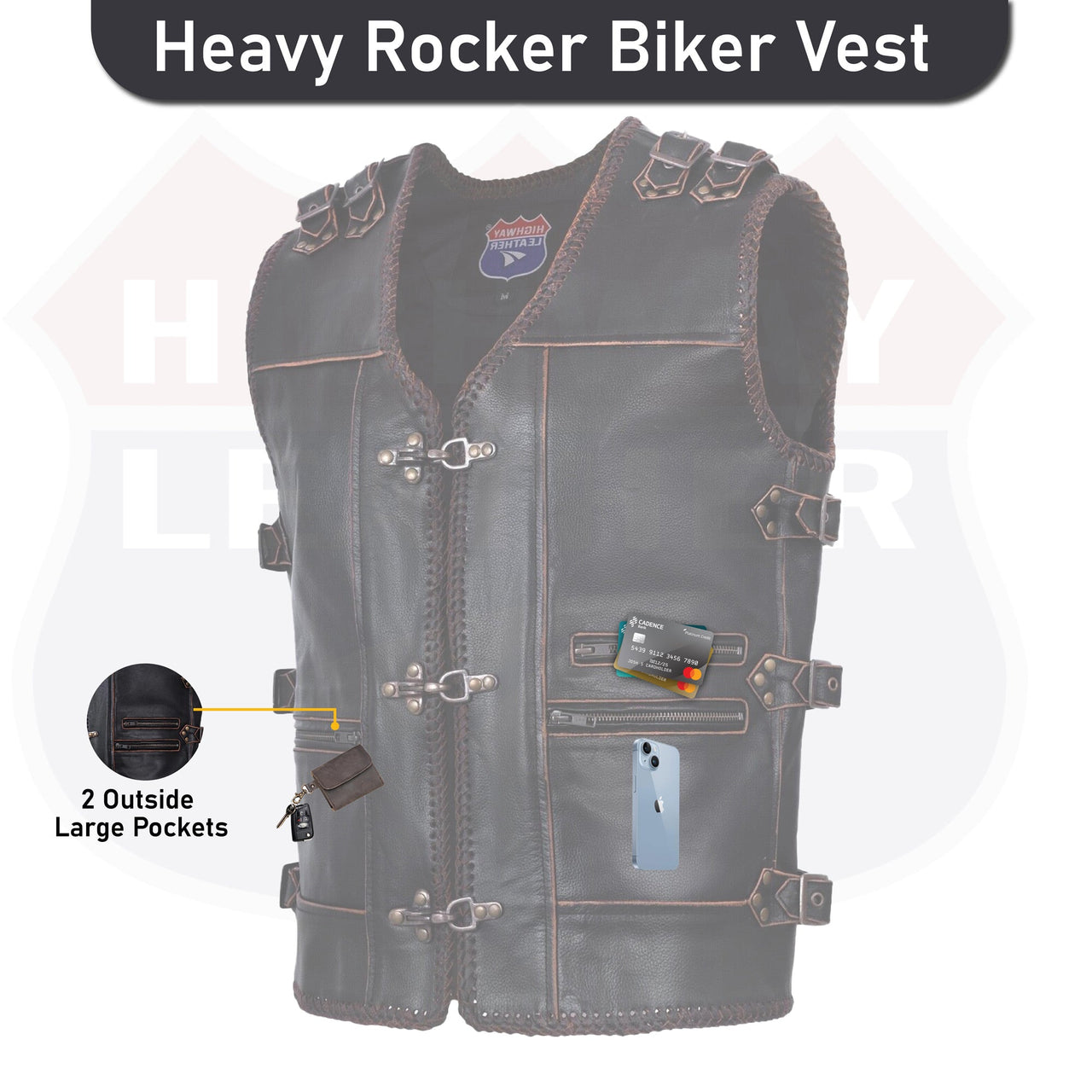 HL11699BROWN Men Genuine Cow Leather Heavy Metal Zipper Buckled Rocker ...