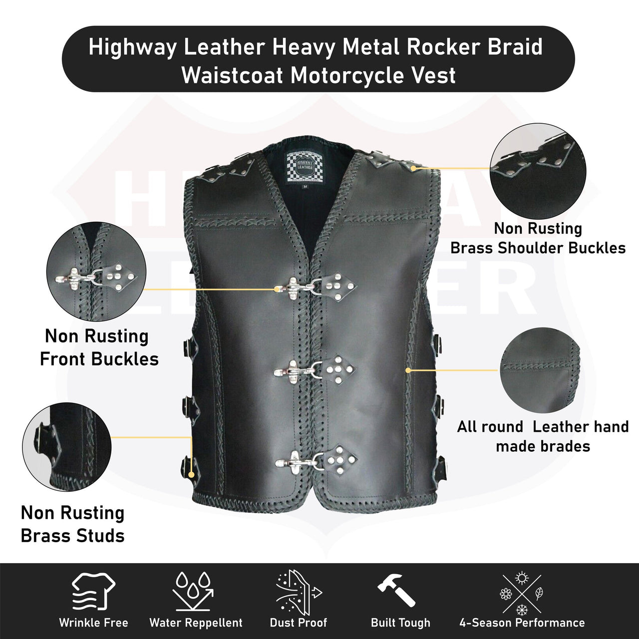 HL11751HDBLACK Heavy Metal Rocker Black Braid Waistcoat Motorcycle Vest ...