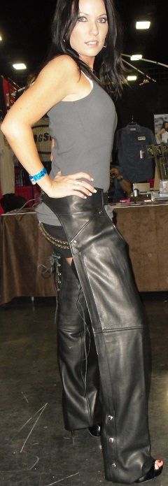 Dynamicleather low rider hip hugger leather motorcycle chaps with front view, showcasing sleek black leather design and detailed stitching.