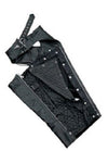 Dynamicleather removable thermal lining chaps with snap-out liner, black leather riding chaps showing detailed stitching and snap closures.