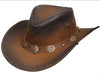 Dynamicleather cowboy western Aussie style leather hat with two-tone design, featuring a wide brim and decorative band.
