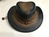 Dynamicleather cowboy western Aussie style leather hat in two-tone brown with wide brim and decorative band.