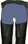 Studded women’s leather chaps from FIRST MFG with hip-hugger style and metal stud accents, shown in black leather.