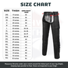 Size chart for fringe leather chaps by thigh measurement and men's pant size