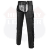 Front view of black fringe leather chaps with belt and buckle