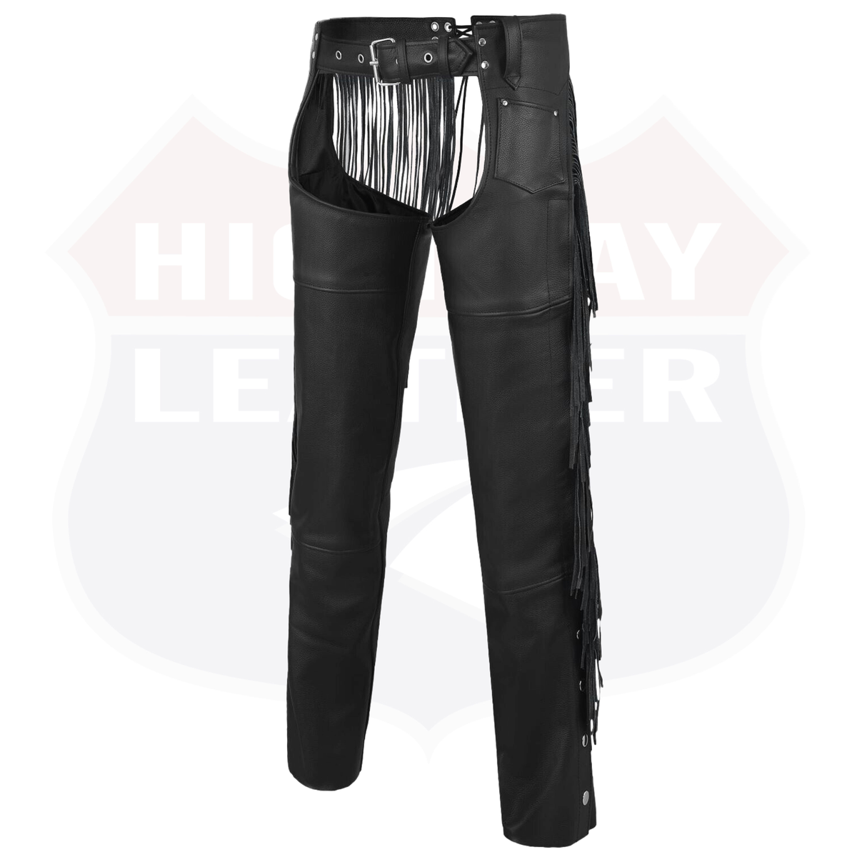 Front view of black fringe leather chaps with belt and buckle