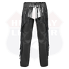 Angled back view of black leather chaps with fringe down the outer legs
